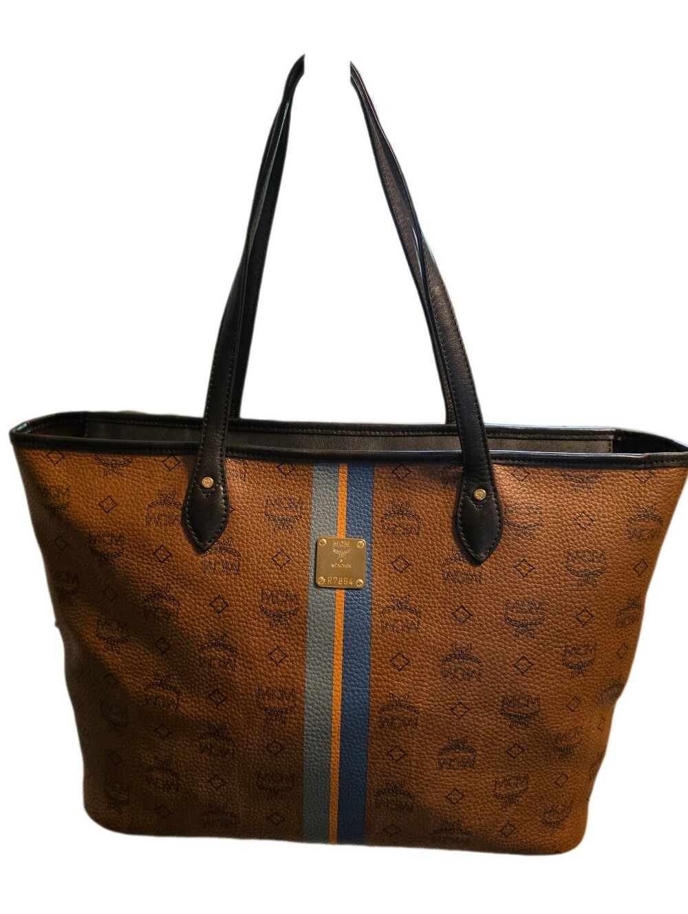 MCM Visetos Striped Shoppers Tote in Choco Brown EUC